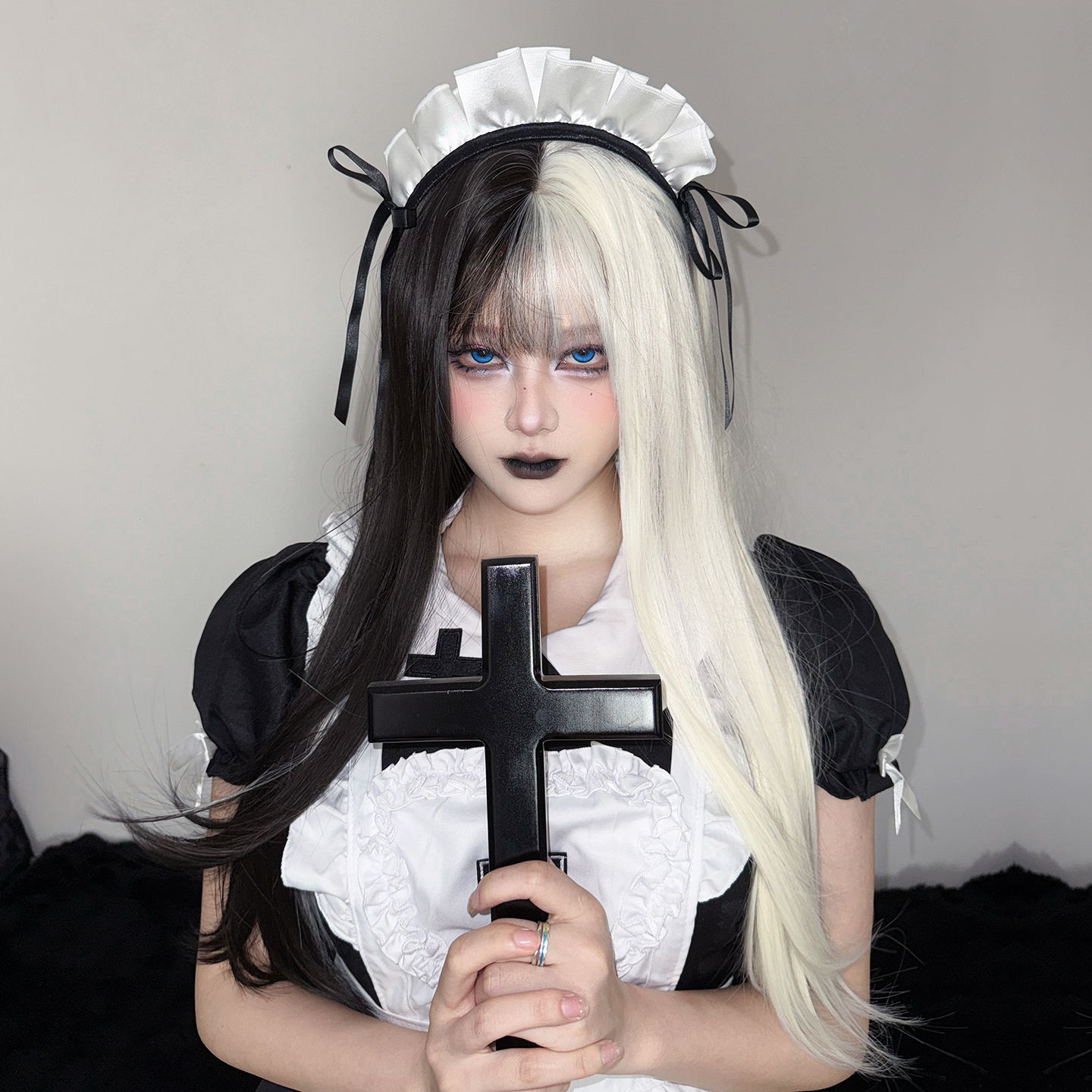 阴阳头假发黑白双拼色万圣节直发