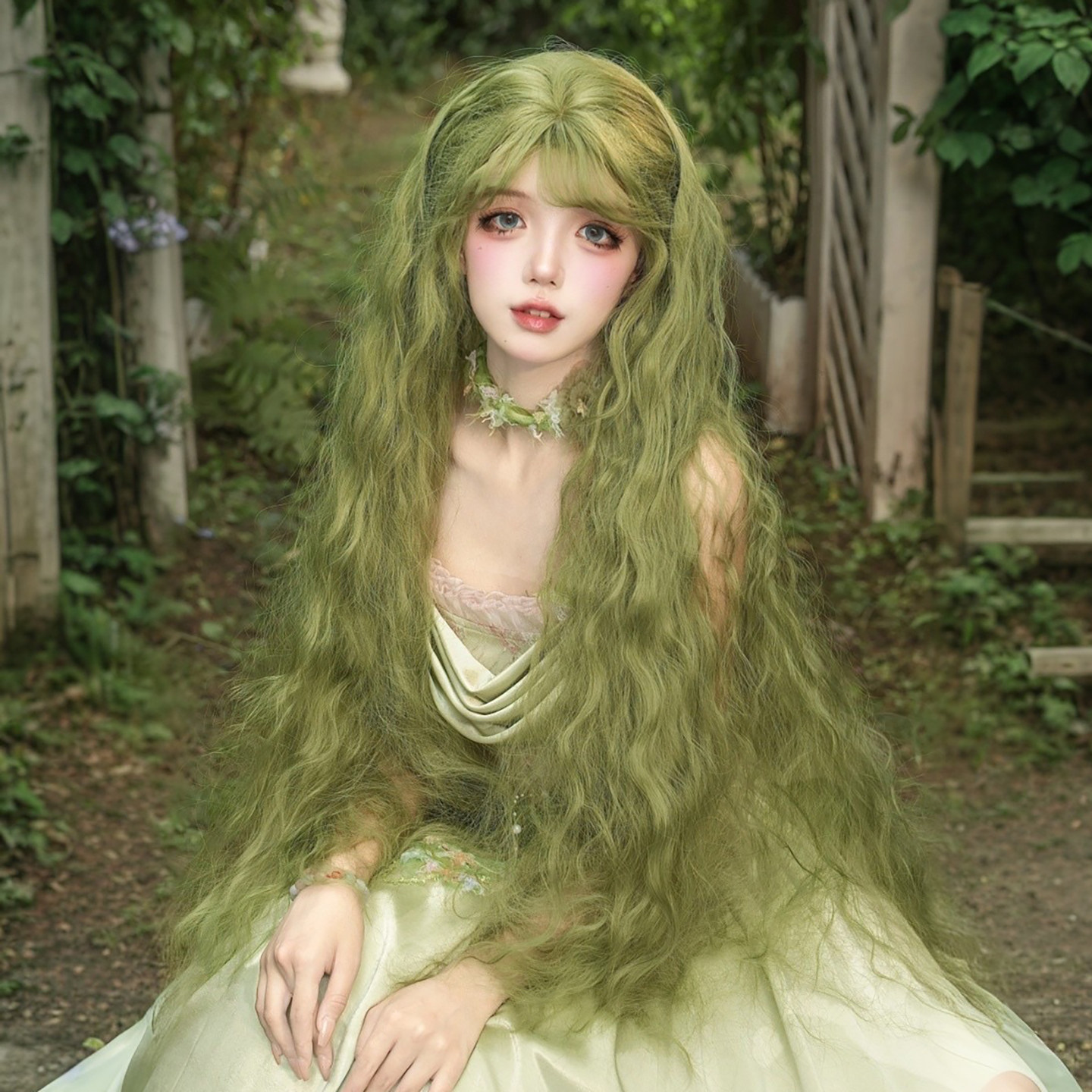 绿色假发女Lolita超长1米羊毛卷网红摄影写真森系cos长卷发全头套