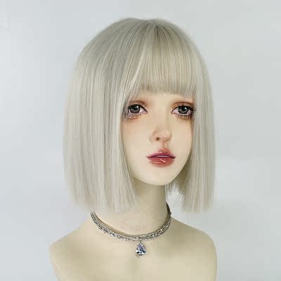 白金色一刀切短发短直发整顶假发