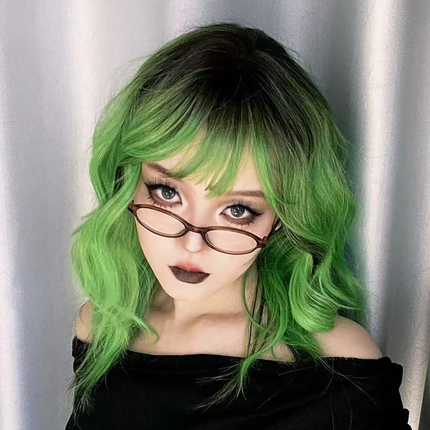 绿色渐变空气刘海假发女中长发