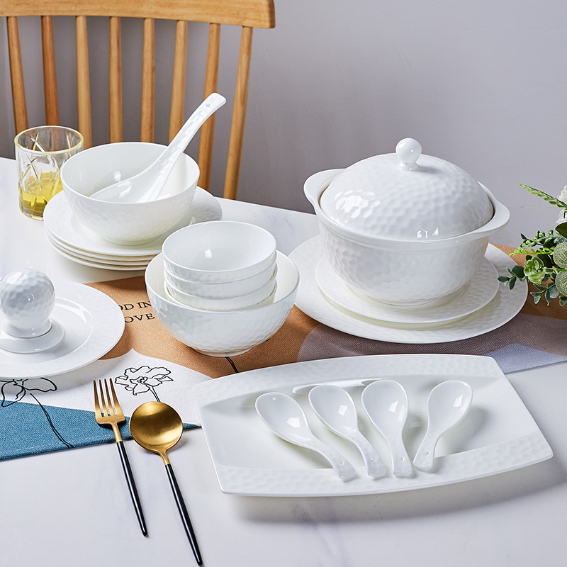 现代骨瓷水立方餐具碗碟套装碗盘中式家用简约北纯白瓷器-封面