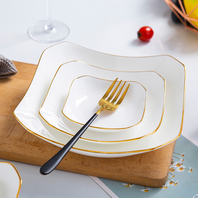 餐盘尚韵骨瓷深盘金边方形