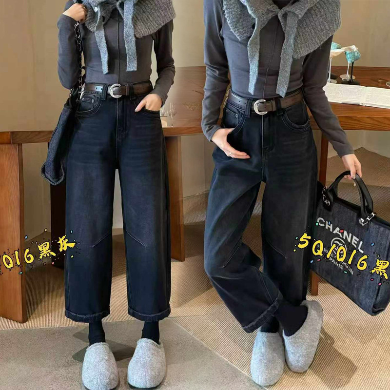 做旧压褶直筒显瘦九分法棍牛仔裤