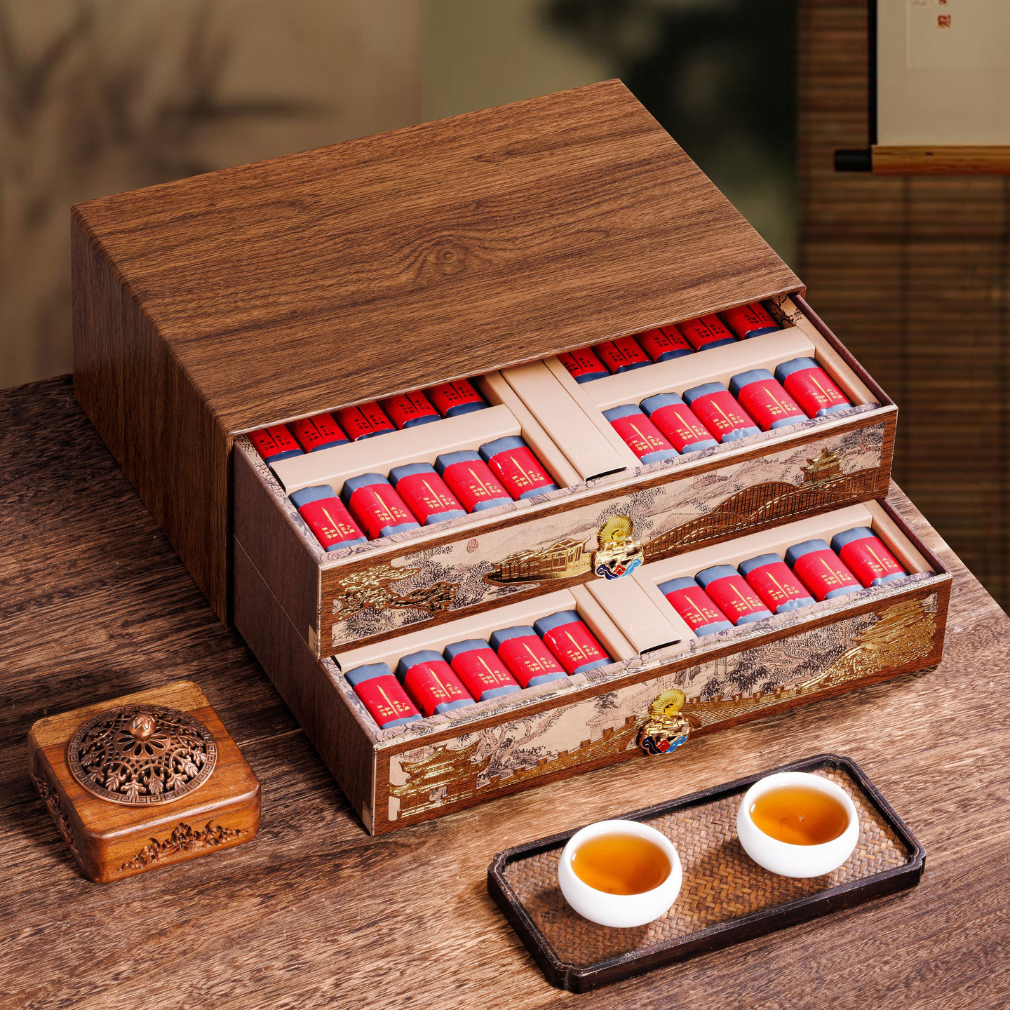 木质多层抽屉密封大容量茶叶礼盒