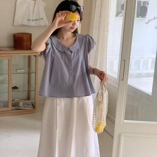 娃娃领短袖 女2025夏季 法式 衬衫 别致上衣 新款 温柔甜美设计感泡泡袖
