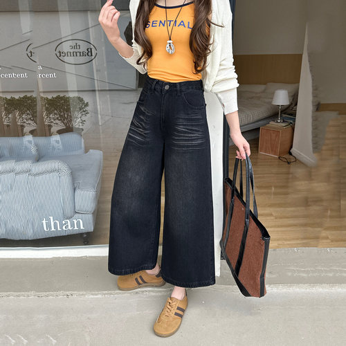 2026秋季美式复古黑色八分牛仔裤女阔腿裤慵懒宽松九分阔脚裤潮