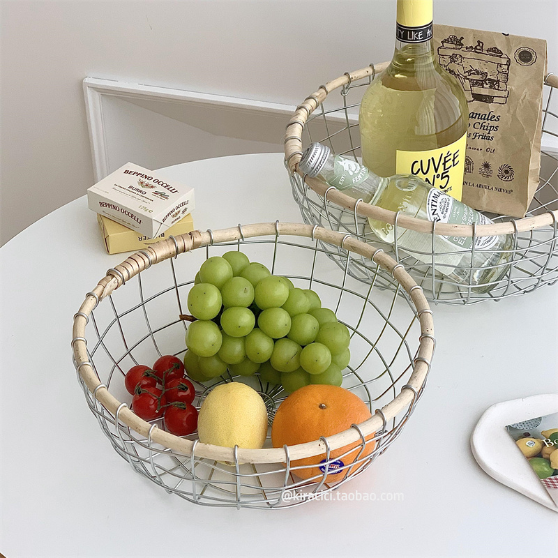 田园风桌面杂物铁艺收纳篮子手工编织水果篮收纳筐零食面包陈列篮