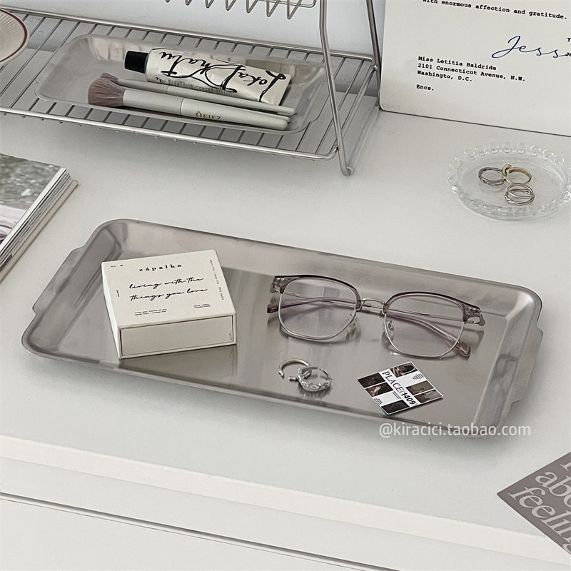 简约不锈钢收纳盘ins风桌面首饰化妆品整理置物盘长方形金属托盘