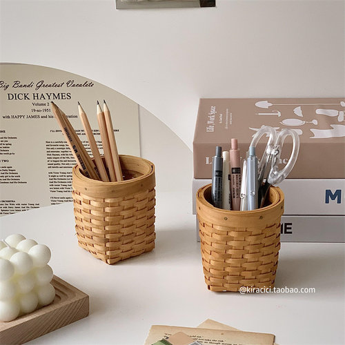 日式复古编织笔筒木质文具收纳筒