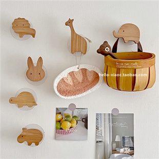 创意可爱动物木质免打孔挂钩强力粘胶无痕粘贴玄关门后粘钩衣帽钩