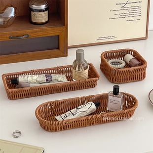 复古仿藤编桌面收纳筐塑料藤条编织篮子ins餐具杂物化妆品置物篮