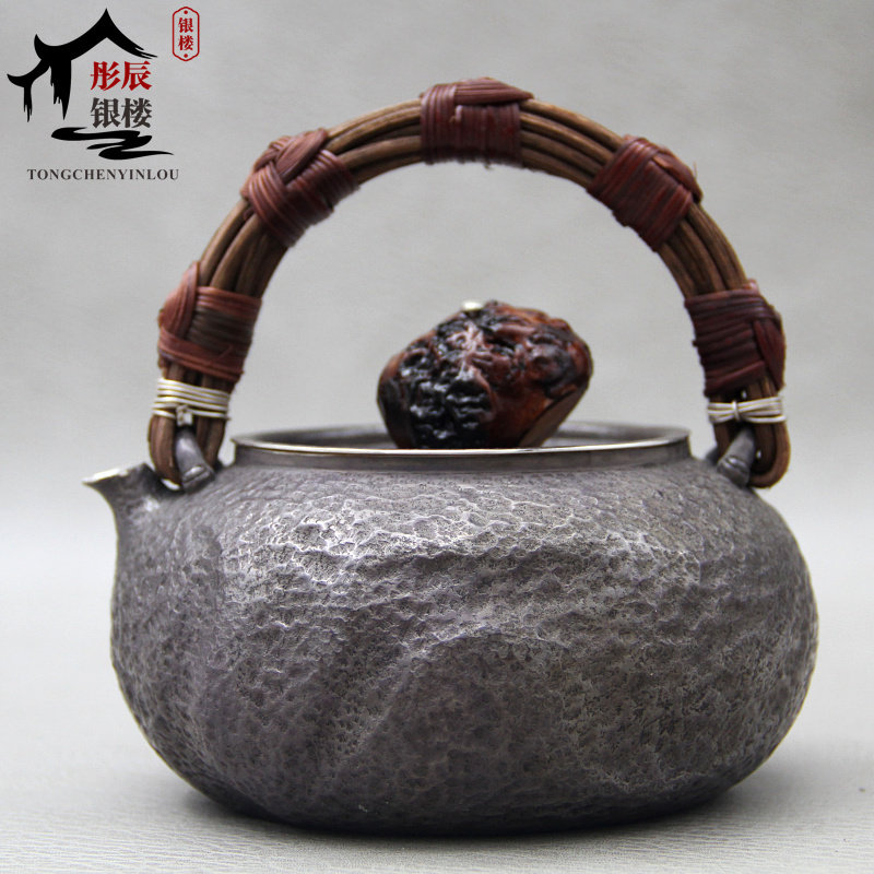 银壶999纯银复古泡茶壶提梁烧水壶纯手工一张打藤编日式茶道家用