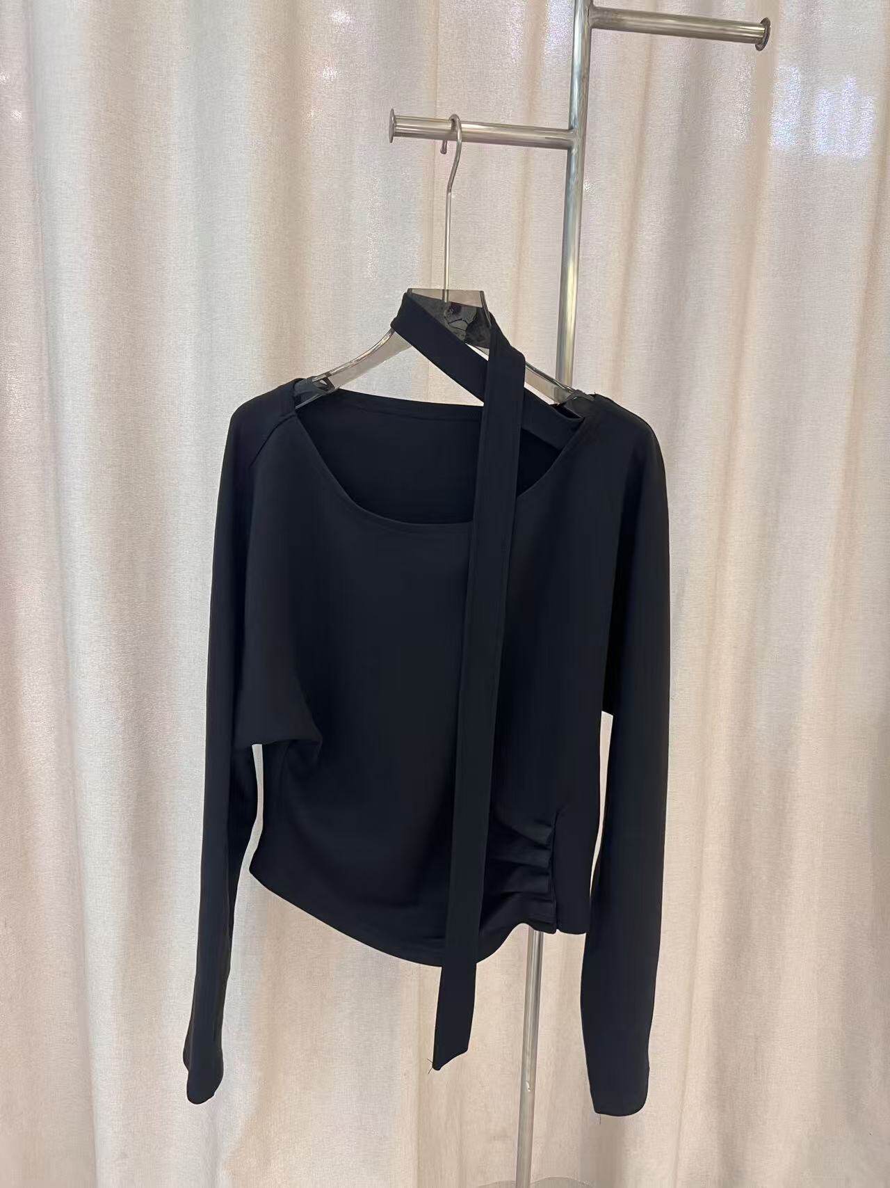 韩版时尚气质飘带长袖T恤春女高腰显瘦小众设计外穿上衣