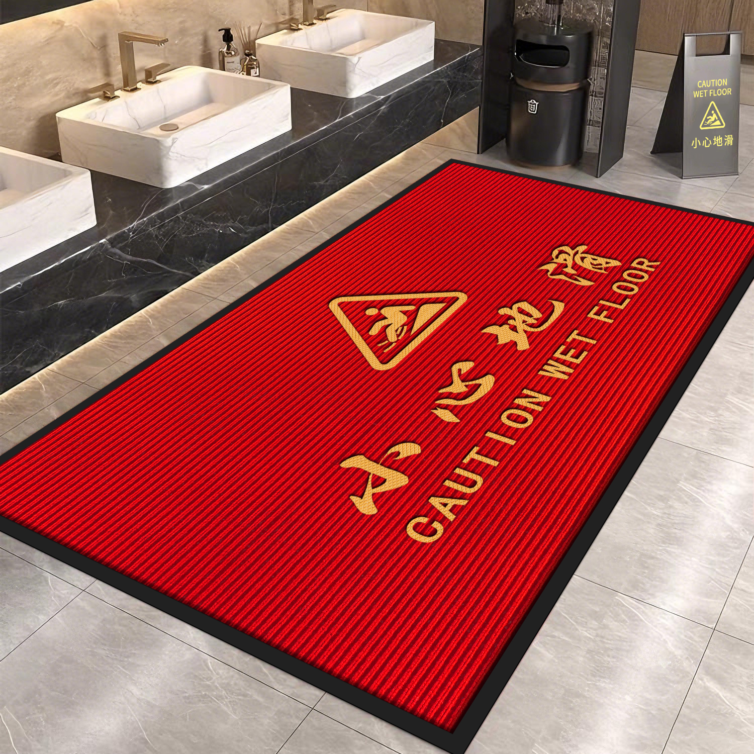 红色小心地滑地垫入户门垫进门门口垫子混纺吸水防滑地毯logo定制