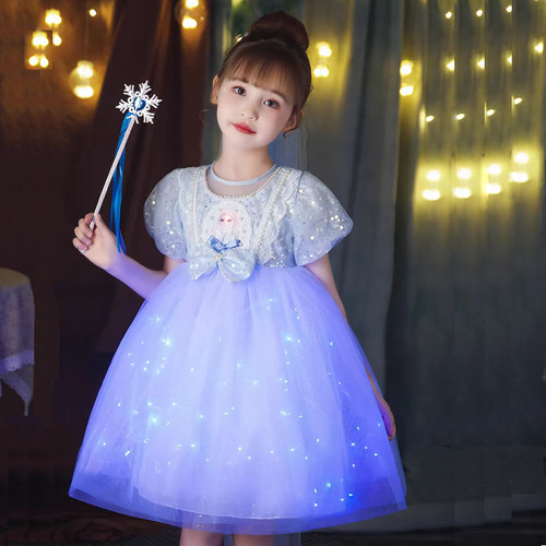 2026新款女童夏季公主裙冰雪发光爱沙蓬蓬裙子生日礼服六一连衣裙