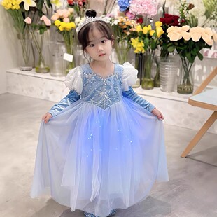 3-9岁女童艾莎公主裙秋冬款加绒宝宝爱沙连衣裙儿童生日礼服裙子