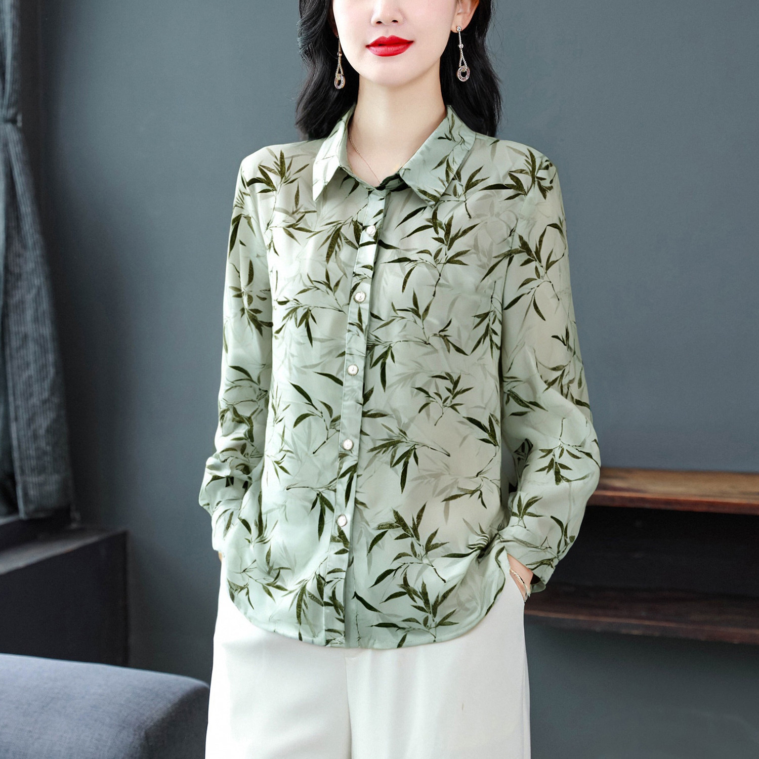 声雨竹品牌真丝妈妈装衬衫女2026春新款时尚印花中老年桑蚕丝上衣