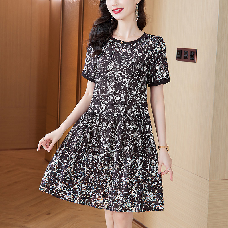 声雨竹小个子桑蚕丝连衣裙女2026夏季新款洋气印花时尚宽松裙折扣