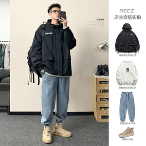 REEZ【店主穿搭】日系水洗牛仔裤男秋季宽松束脚休闲哈伦长裤潮牌