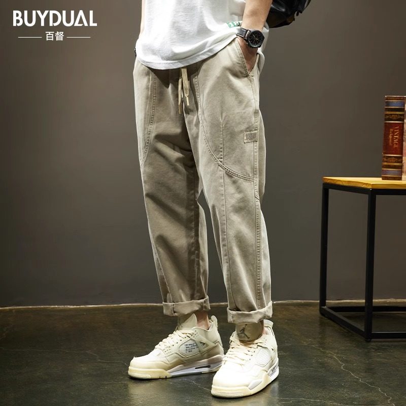 高级感纯棉休闲裤男士春季男款直筒裤子男春秋加绒潮牌美式工装裤