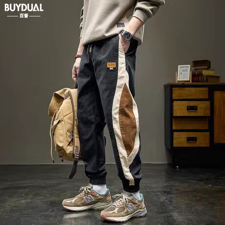设计感撞色拼接休闲裤男士秋季宽松弹力束脚裤潮牌痞帅工装长裤男