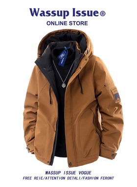 WASSUP ISSUE美式潮牌连帽羽绒服男款冬季情侣加厚保暖工装外套男