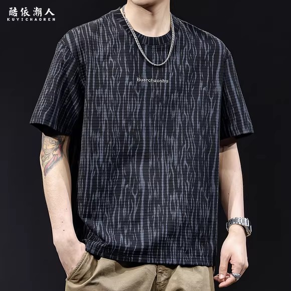 高端横纹提花男宽松短袖T恤