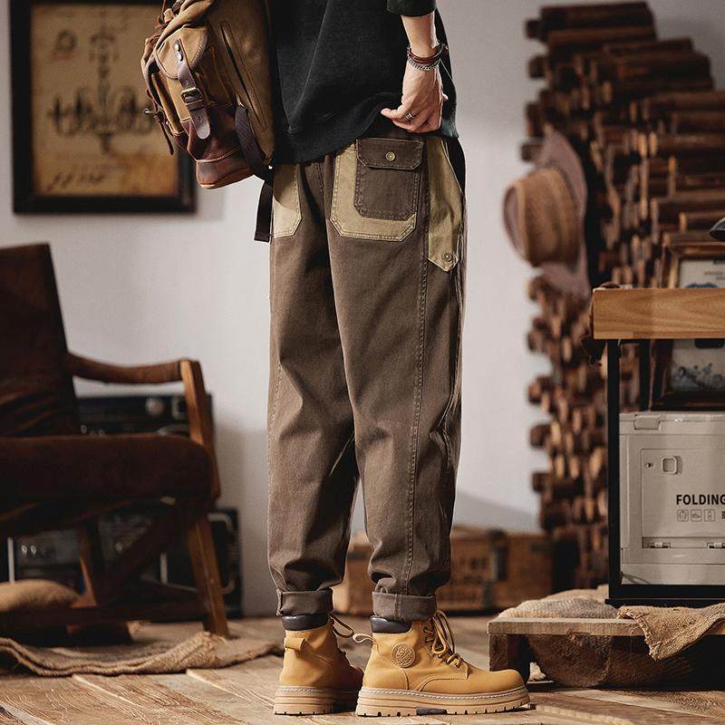 潮牌撞色拼接工装裤男士2025春季宽松休闲裤美式复古直筒锥形长裤