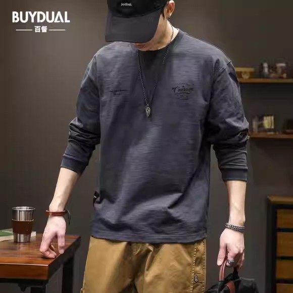 潮牌ins印花长袖t恤男士纯棉打底衫春季2026新款宽松大码圆领体恤