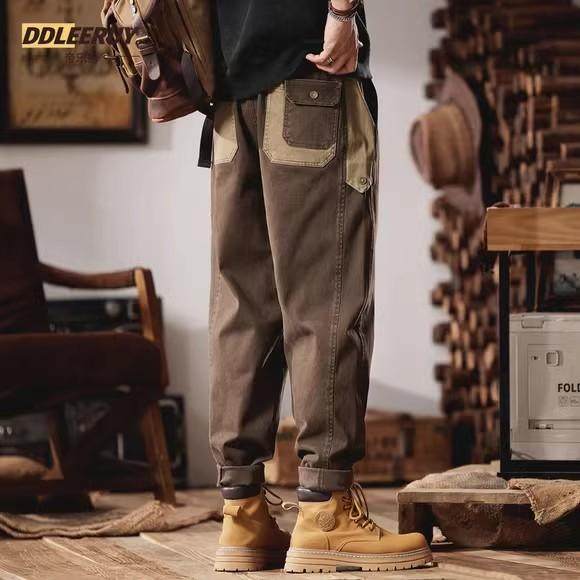 潮牌撞色拼接工装裤男士春季2025新款宽松弹力休闲裤锥形直筒长裤