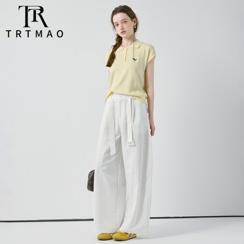 TRTMAO原创学院风polo领刺绣短袖T恤女士夏季裤子套装通勤两件套