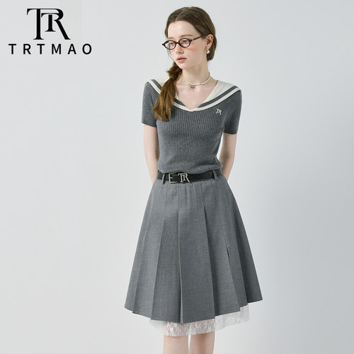 TRTMAO原创学院风V领针织衫百褶半身裙套装女气质蕾丝拼接两件套