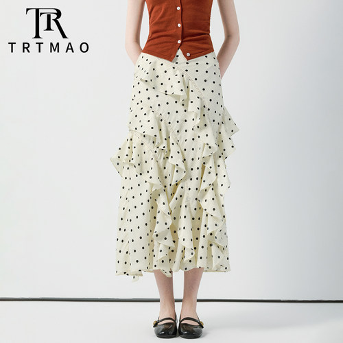 法式波点荷叶高腰显瘦蛋糕半身裙