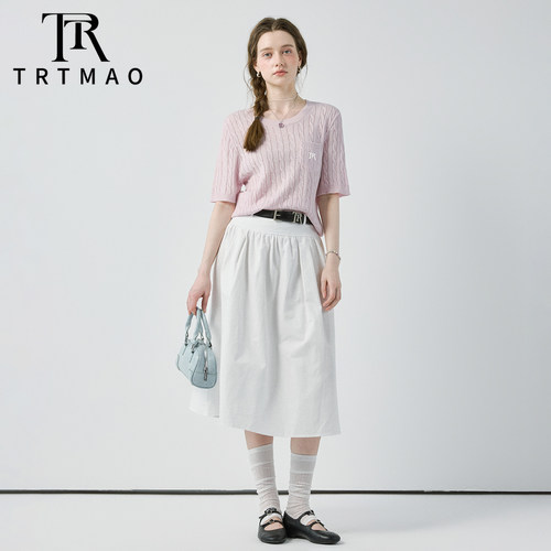 TRTMAO原创松弛感针织上衣白色花苞半身裙女士夏季两件套简约套装