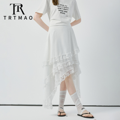 TRTMAO原创白色不规则蕾丝拼接半身裙女夏显瘦设计感层次感中长裙
