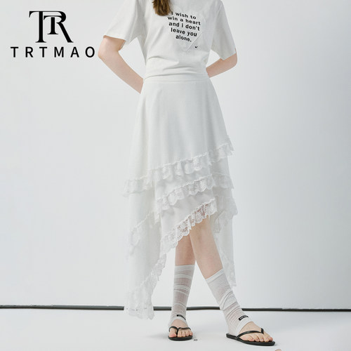 TRTMAO原创白色不规则蕾丝拼接半身裙女夏显瘦设计感层次感中长裙