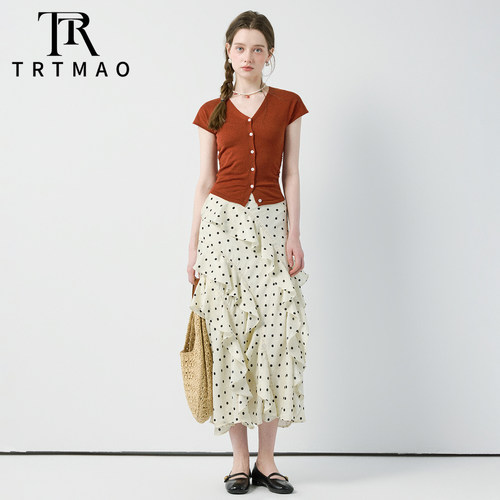TRTMAO原创复古波点套装女V领短袖上衣不规则荷叶边半身群两件套