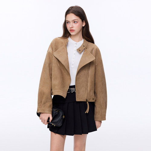 TRTMAO 2026原创金属贴标复古麂皮绒外套女春秋短款翻领夹克上衣