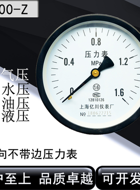 储气罐轴向不带边压力表Y100-Z0-0.1 0.6 1.6Mpa水压气压油压表