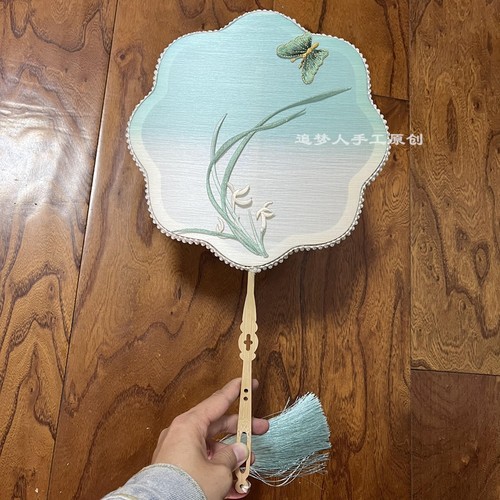 染色款渐变色蚕丝扇材料包兰花DIY材料精美雅致团扇工艺扇礼物