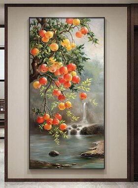 新中式玄关九鱼石榴流水生财挂画
