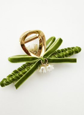 绿色绒带蝴蝶结抓夹百合铃兰花发抓清新牛油果绿复古鲨鱼夹盘发女