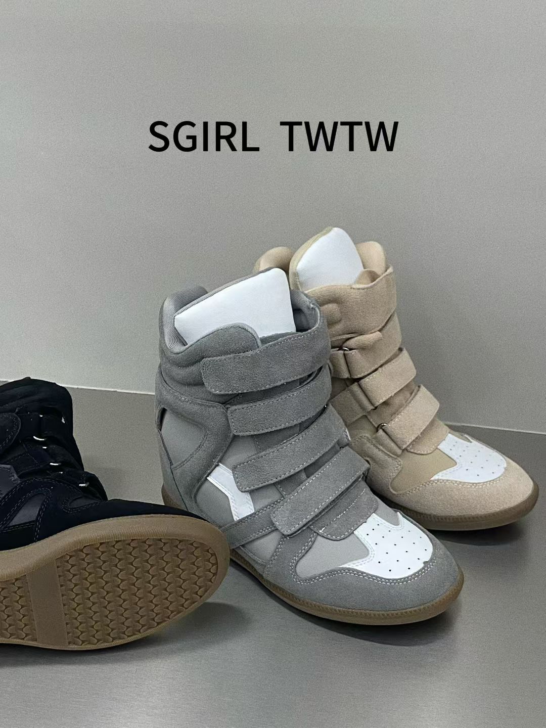 SGIRLTWTW女士休闲小个子高帮鞋 2025新款学院风魔术贴内增高短靴