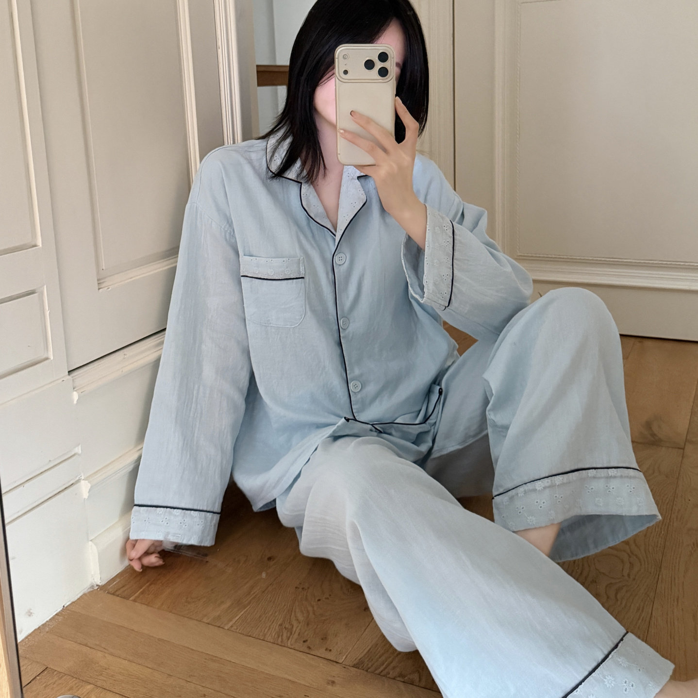 带胸垫春秋季双层纯棉纱睡衣女长袖开衫宽松休闲韩系风家居服套装
