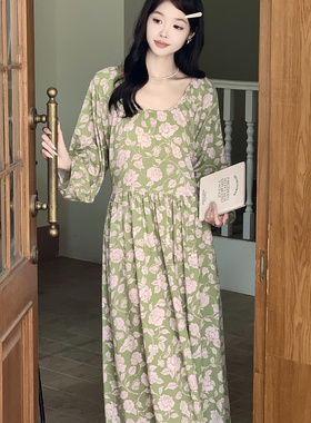 甜美棉绸绿色碎花睡裙女夏季薄款七分袖超长裙可外穿高个子连衣裙