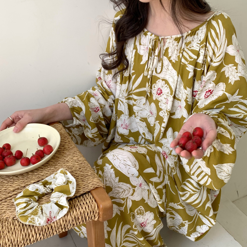 防凸点睡衣女春秋季棉绸家居服碎花带内衬绵绸套装夏天大码可外穿