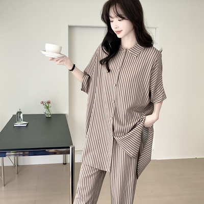 新款睡衣女春夏季短袖长裤开衫翻领棉绸家居服可外穿休闲时尚套装