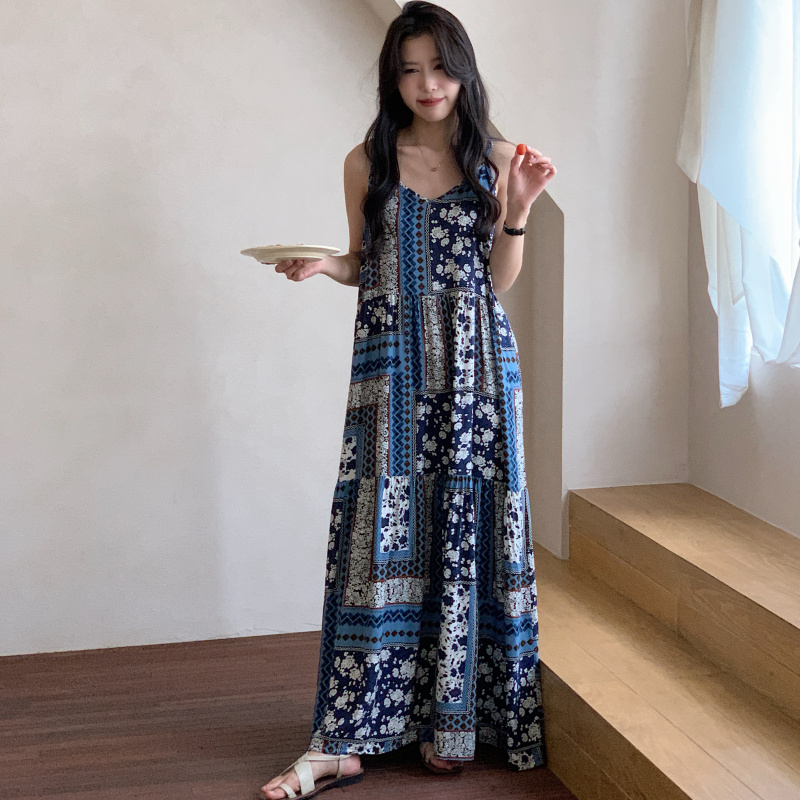 吊带连衣裙夏季女士超长到脚踝棉绸睡裙可外穿度假内搭裙凉快裙子