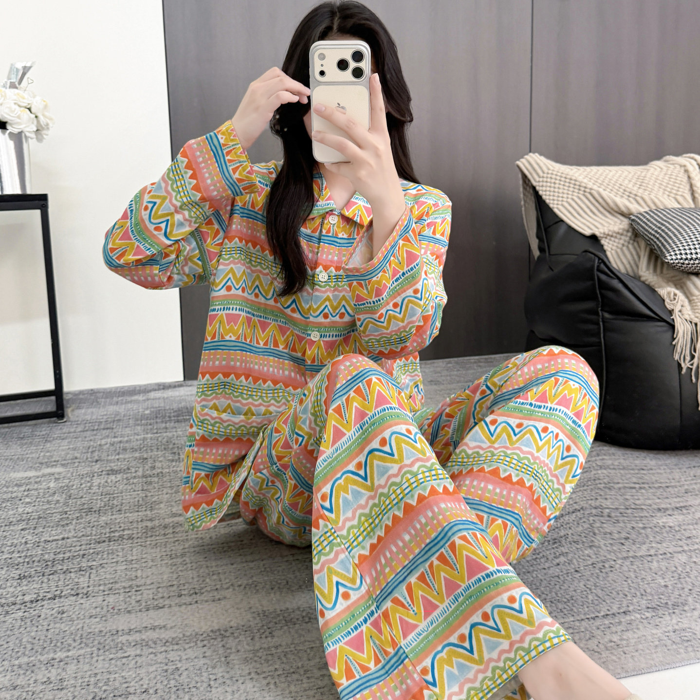 复古民族风纯棉纱布睡衣女长袖开衫宽松家居服套装松弛感可外穿秋