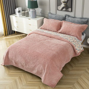 法兰绒绣花床盖棉两面用双面床盖一面绒一面棉单件绗缝被三件套